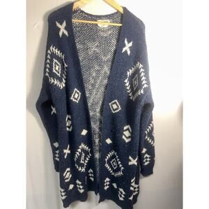 Navy Blue Geometric Open Front Cardigan Womens 1X Boho Sweater Ivory